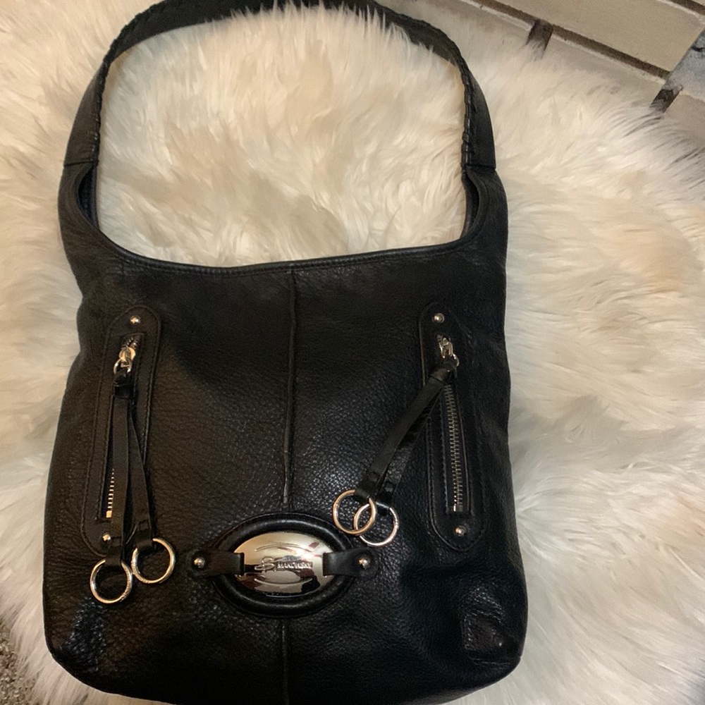 B. MAKOWSKY BLACK SOFT LEATHER HANDBAG/PURSE LEOPARD PRINT INTERIOR